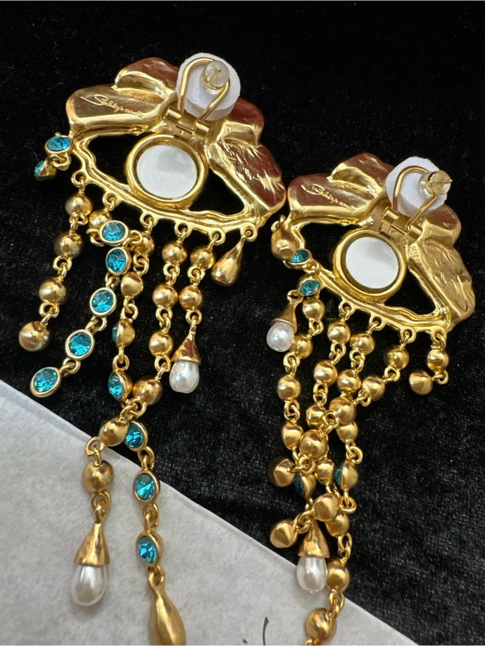 Schiaparelli inspired Eyelash Dangle Earrings - Gold Tone with blue crystals